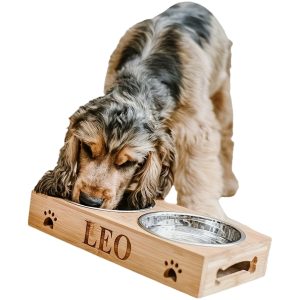 Customized Personalized Name Pet Bowl - Small Dog Bowl (Double Bowl) Made of Wood - Length 12.2inch, Width 6.1inch, Height 2.17inch